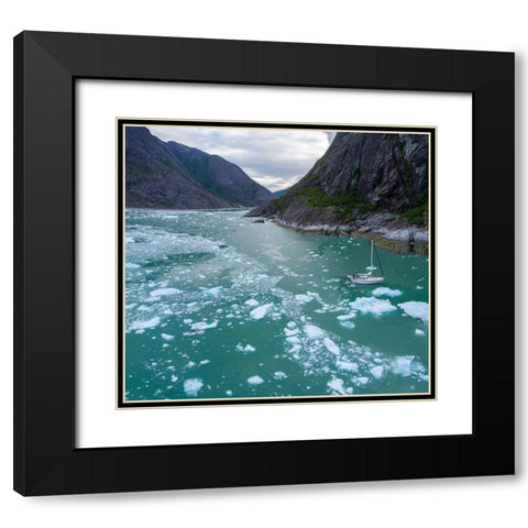 Alaska-Aerial view S/V Abuelos motoring among icebergs floating near calving face of LeConte Glacier Black Modern Wood Framed Art Print with Double Matting by Souders, Paul