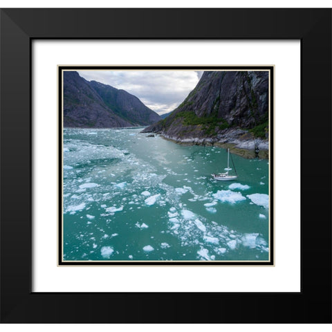 Alaska-Aerial view S/V Abuelos motoring among icebergs floating near calving face of LeConte Glacier Black Modern Wood Framed Art Print with Double Matting by Souders, Paul