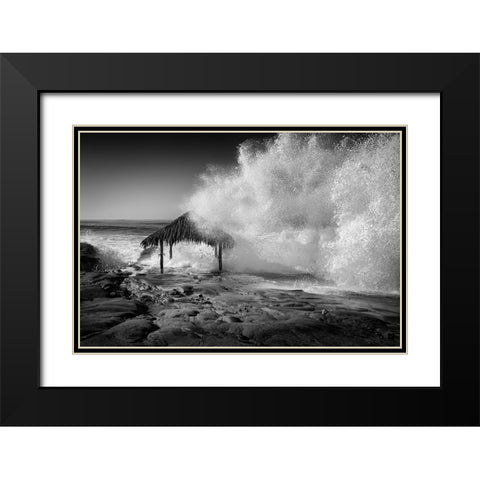 USA-California-La Jolla High surf at high tide inundates Windansea Surf Shack Black Modern Wood Framed Art Print with Double Matting by Collins, Ann