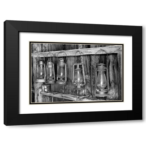 Antique lanterns-Bodie State Historic Park viewed through window-California Black Modern Wood Framed Art Print with Double Matting by Jones, Adam