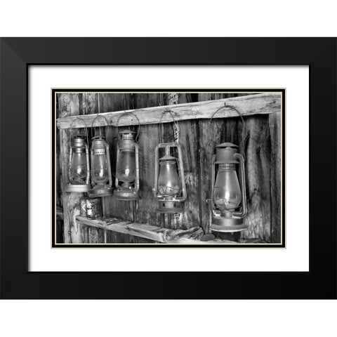 Antique lanterns-Bodie State Historic Park viewed through window-California Black Modern Wood Framed Art Print with Double Matting by Jones, Adam