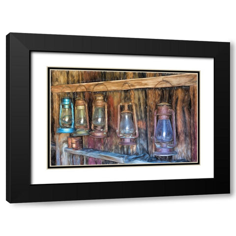 Painting effect on antique lanterns-Bodie State Historic Park viewed through window-California Black Modern Wood Framed Art Print with Double Matting by Jones, Adam