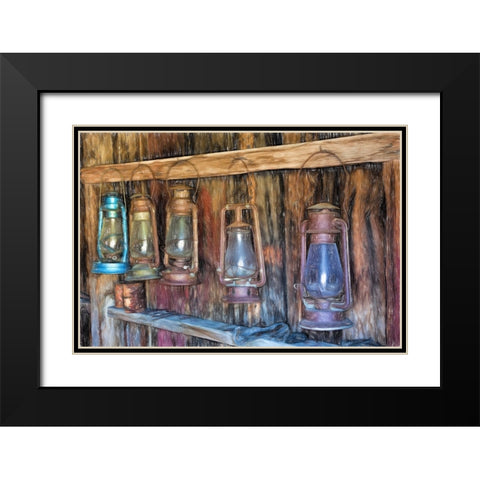 Painting effect on antique lanterns-Bodie State Historic Park viewed through window-California Black Modern Wood Framed Art Print with Double Matting by Jones, Adam