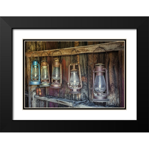 Antique lanterns-Bodie State Historic Park viewed through window-California Black Modern Wood Framed Art Print with Double Matting by Jones, Adam
