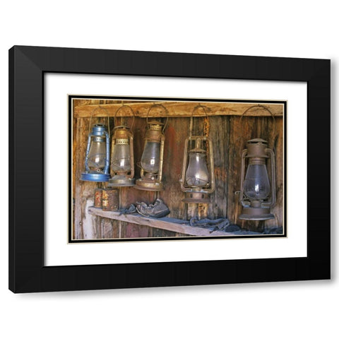 CA, Bodie SP Lanterns inside a General Store Black Modern Wood Framed Art Print with Double Matting by Flaherty, Dennis