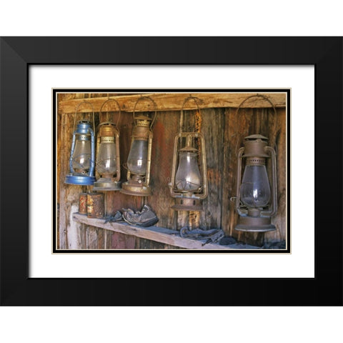 CA, Bodie SP Lanterns inside a General Store Black Modern Wood Framed Art Print with Double Matting by Flaherty, Dennis