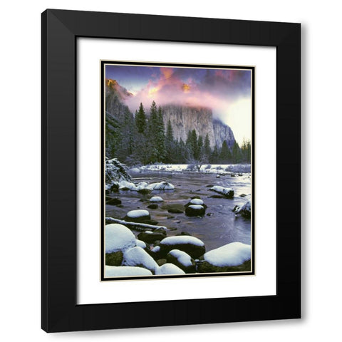 CA, Yosemite Sunlight on clouds over El Capitan Black Modern Wood Framed Art Print with Double Matting by Flaherty, Dennis