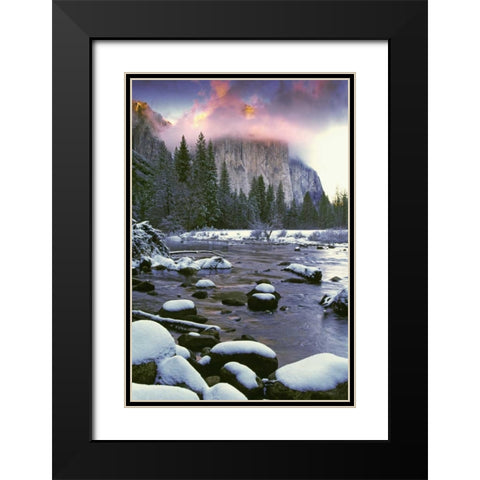CA, Yosemite Sunlight on clouds over El Capitan Black Modern Wood Framed Art Print with Double Matting by Flaherty, Dennis