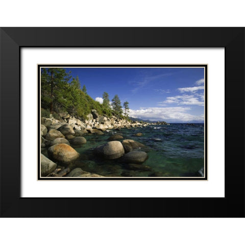 CA, Lake Tahoe Granite boulders line a lake Black Modern Wood Framed Art Print with Double Matting by Flaherty, Dennis