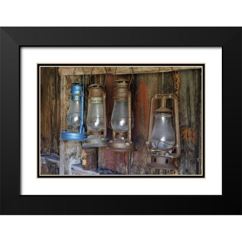 CA, Bodie SP Llanterns in abandoned fire station Black Modern Wood Framed Art Print with Double Matting by Flaherty, Dennis