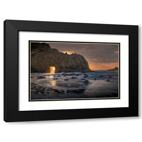 Usa-California Sunsets gleams through this hole in the rock along the Big Sur coast Black Modern Wood Framed Art Print with Double Matting by Sederquist, Betty