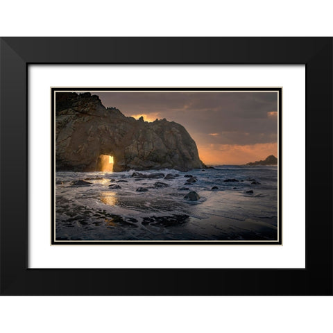 Usa-California Sunsets gleams through this hole in the rock along the Big Sur coast Black Modern Wood Framed Art Print with Double Matting by Sederquist, Betty