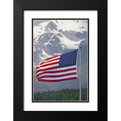 CO, Silverthorne American flag and mountain Black Modern Wood Framed Art Print with Double Matting by Lord, Fred