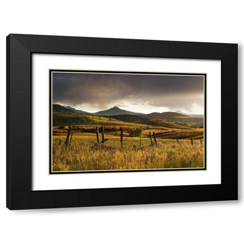 CO, San Juan Mts Landscape and fence at sunset Black Modern Wood Framed Art Print with Double Matting by Bush, Marie