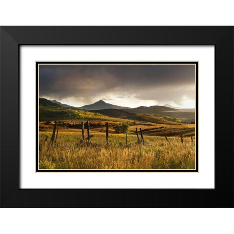 CO, San Juan Mts Landscape and fence at sunset Black Modern Wood Framed Art Print with Double Matting by Bush, Marie
