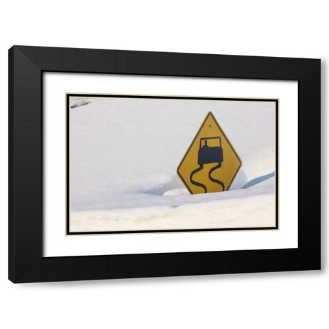 Colorado A slippery when wet sign buried in snow Black Modern Wood Framed Art Print with Double Matting by Grall, Don