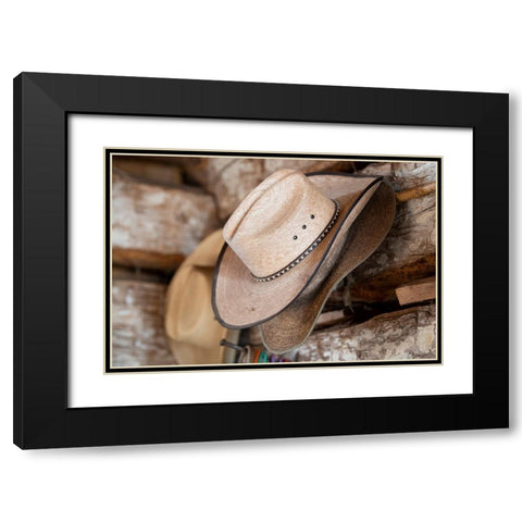 USA-Colorado-Westcliffe Music Meadows Ranch Tack room-cowboy hat detail Black Modern Wood Framed Art Print with Double Matting by Hopkins, Cindy Miller