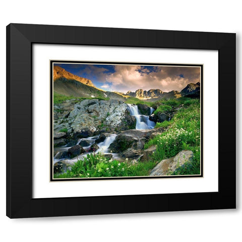 A spring cascade with white wildflowers in American Basin in the Colorado Rocky Mountains Black Modern Wood Framed Art Print with Double Matting by SMO