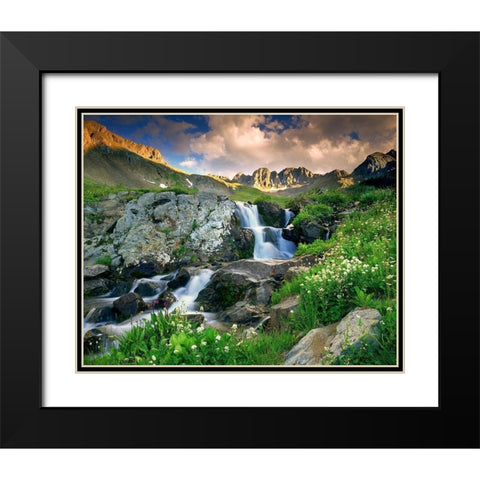 A spring cascade with white wildflowers in American Basin in the Colorado Rocky Mountains Black Modern Wood Framed Art Print with Double Matting by SMO