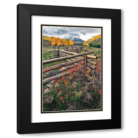 A log fence leads to the horizon on Dallas divide near Telluride in the Colorado Rocky Mountains Black Modern Wood Framed Art Print with Double Matting by SMO