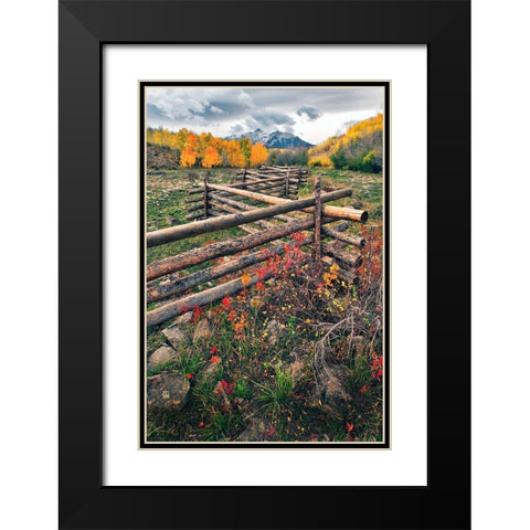 A log fence leads to the horizon on Dallas divide near Telluride in the Colorado Rocky Mountains Black Modern Wood Framed Art Print with Double Matting by SMO
