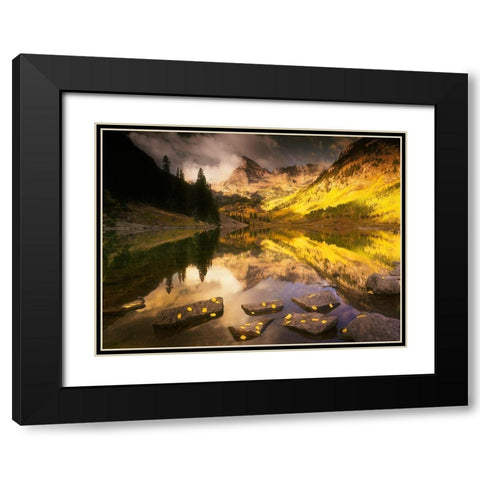 Maroon bells near Aspen Colorado in full Fall blazing yellow color Black Modern Wood Framed Art Print with Double Matting by SMO