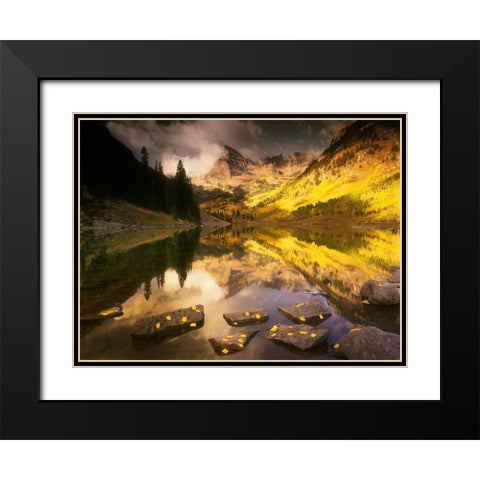 Maroon bells near Aspen Colorado in full Fall blazing yellow color Black Modern Wood Framed Art Print with Double Matting by SMO