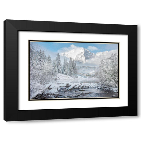 Winter comes to the maroon bells near Aspen Colorado in the Rocky Mountains Black Modern Wood Framed Art Print with Double Matting by SMO