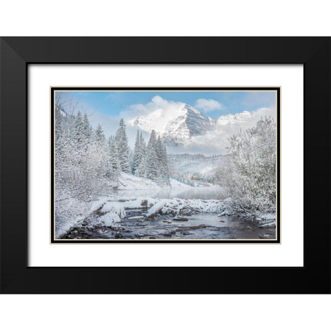 Winter comes to the maroon bells near Aspen Colorado in the Rocky Mountains Black Modern Wood Framed Art Print with Double Matting by SMO
