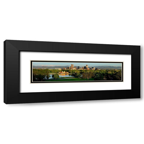 Denver skyline glistens in front of the Rocky Mountains Black Modern Wood Framed Art Print with Double Matting by SMO