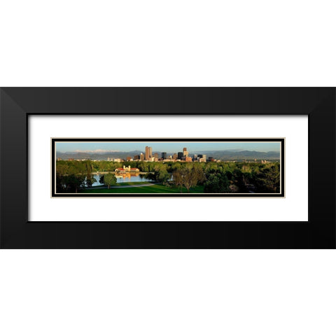 Denver skyline glistens in front of the Rocky Mountains Black Modern Wood Framed Art Print with Double Matting by SMO