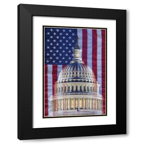 Washington, DC US flag and US Capitol building Black Modern Wood Framed Art Print with Double Matting by Flaherty, Dennis