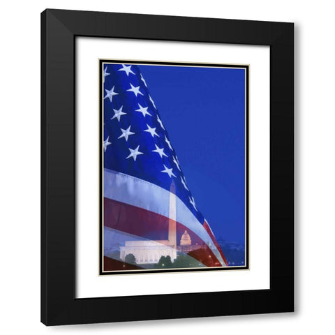 Washington DC, American flag superimposed Black Modern Wood Framed Art Print with Double Matting by Flaherty, Dennis