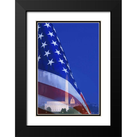 Washington DC, American flag superimposed Black Modern Wood Framed Art Print with Double Matting by Flaherty, Dennis