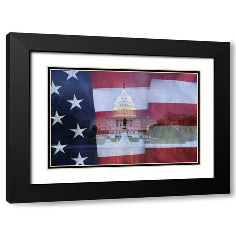 Washington DC, US flag over US Capitol buildings Black Modern Wood Framed Art Print with Double Matting by Flaherty, Dennis