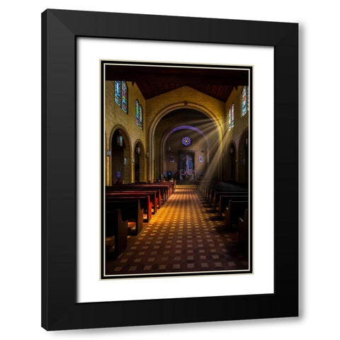 Golden light of sunrays coming into the stained glass windows of St Leos Abbey in Florida Black Modern Wood Framed Art Print with Double Matting by Haddad, Sheila
