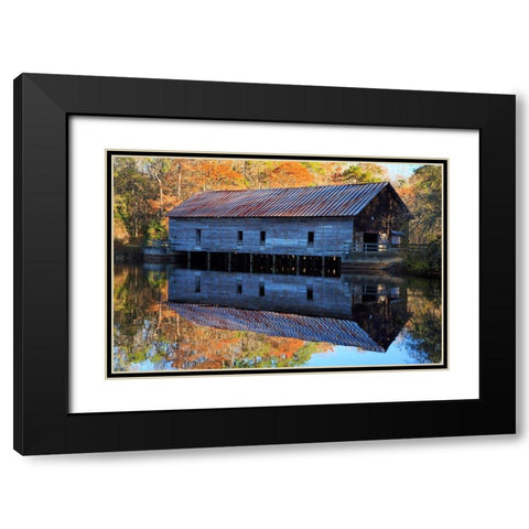 Georgia-Covered bridge and grist mill in the fall Black Modern Wood Framed Art Print with Double Matting by Wells, Joanne