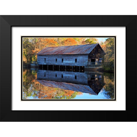 Georgia-Covered bridge and grist mill in the fall Black Modern Wood Framed Art Print with Double Matting by Wells, Joanne