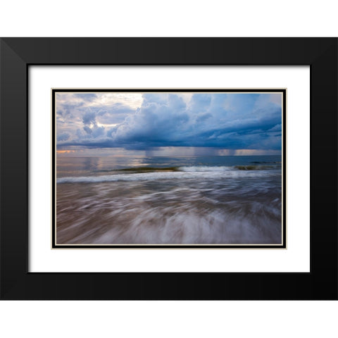 USA- Georgia- Tybee Island. Sunrise with clouds and reflections along the coast. Black Modern Wood Framed Art Print with Double Matting by Wells, Joanne