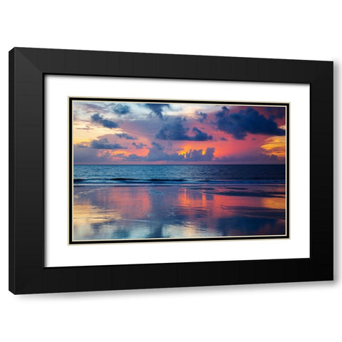 USA- Georgia- Tybee Island. Sunrise with reflections and clouds. Black Modern Wood Framed Art Print with Double Matting by Wells, Joanne