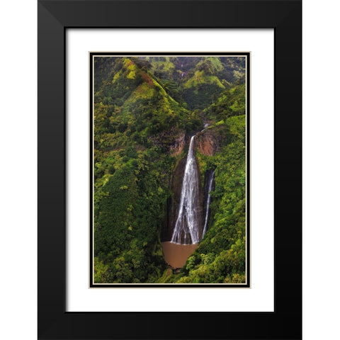 Lush Inland waterfalls during helicopter tour in Kauai-Hawaii-USA Black Modern Wood Framed Art Print with Double Matting by Haney, Chuck