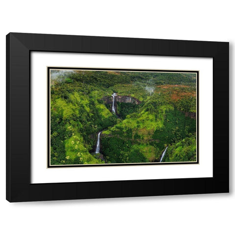 Lush Inland waterfalls during helicopter tour in Kauai-Hawaii-USA Black Modern Wood Framed Art Print with Double Matting by Haney, Chuck