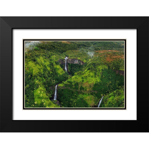 Lush Inland waterfalls during helicopter tour in Kauai-Hawaii-USA Black Modern Wood Framed Art Print with Double Matting by Haney, Chuck