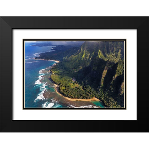 Aerial view of Kee Beach and the Napali Coastline in Kauai-Hawaii-USA Black Modern Wood Framed Art Print with Double Matting by Haney, Chuck