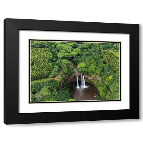 Aerial view of Wailua Falls in Kauai-Hawaii-USA Black Modern Wood Framed Art Print with Double Matting by Haney, Chuck
