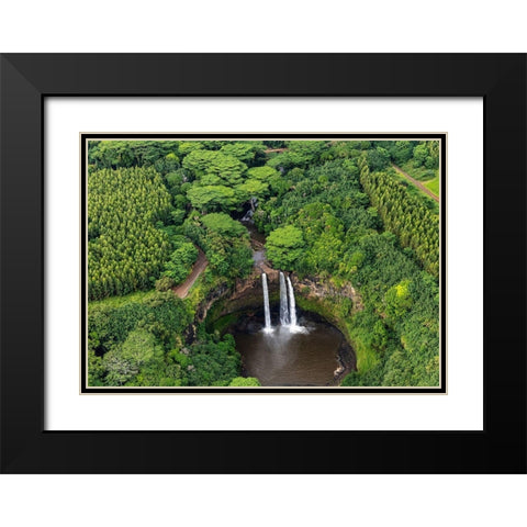 Aerial view of Wailua Falls in Kauai-Hawaii-USA Black Modern Wood Framed Art Print with Double Matting by Haney, Chuck