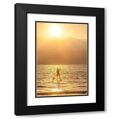 Hawaii-Kauai-Hanalei bay with paddle boarder at sunset Black Modern Wood Framed Art Print with Double Matting by Gulin, Sylvia