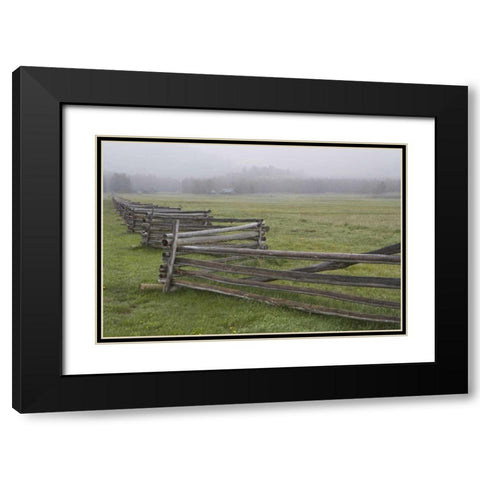 Idaho, Sawtooth Mts Fence in misty farm country Black Modern Wood Framed Art Print with Double Matting by Flaherty, Dennis