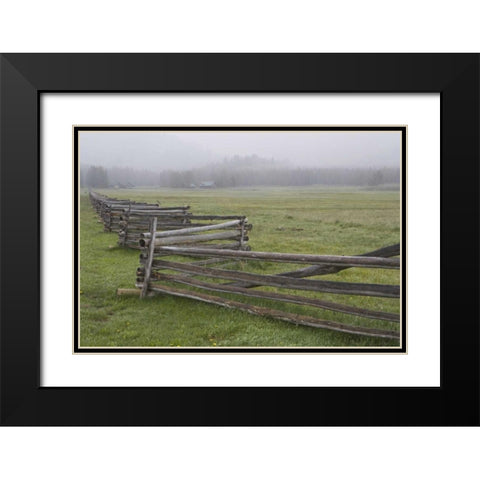 Idaho, Sawtooth Mts Fence in misty farm country Black Modern Wood Framed Art Print with Double Matting by Flaherty, Dennis