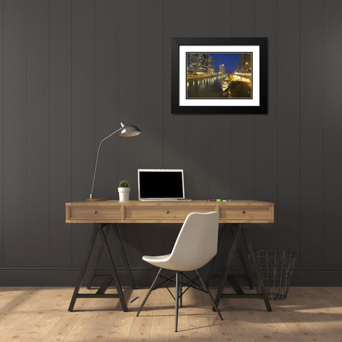 Illinois, Chicago Night along the Chicago River Black Modern Wood Framed Art Print with Double Matting by Flaherty, Dennis